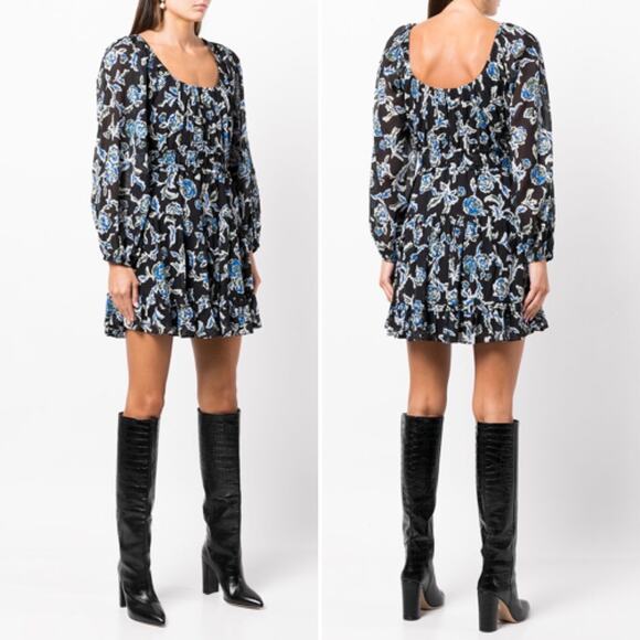 TANYA TAYLOR Edita Fit & Flare Mini Dress Floral Blue Long Sleeve Flowy Sm NEW - Picture 2 of 15